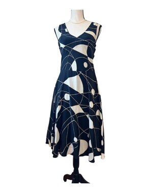 Vintage Y2K Sue Wong Silk Dress size 12 Modern Art print -Black , White , Gold